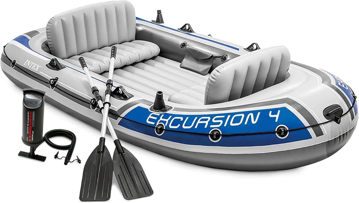 4-Person Inflatable Boat Set with Adjustable Seats, Fishing Rod Holders, Oars & Pump - 1100lb Capacity
