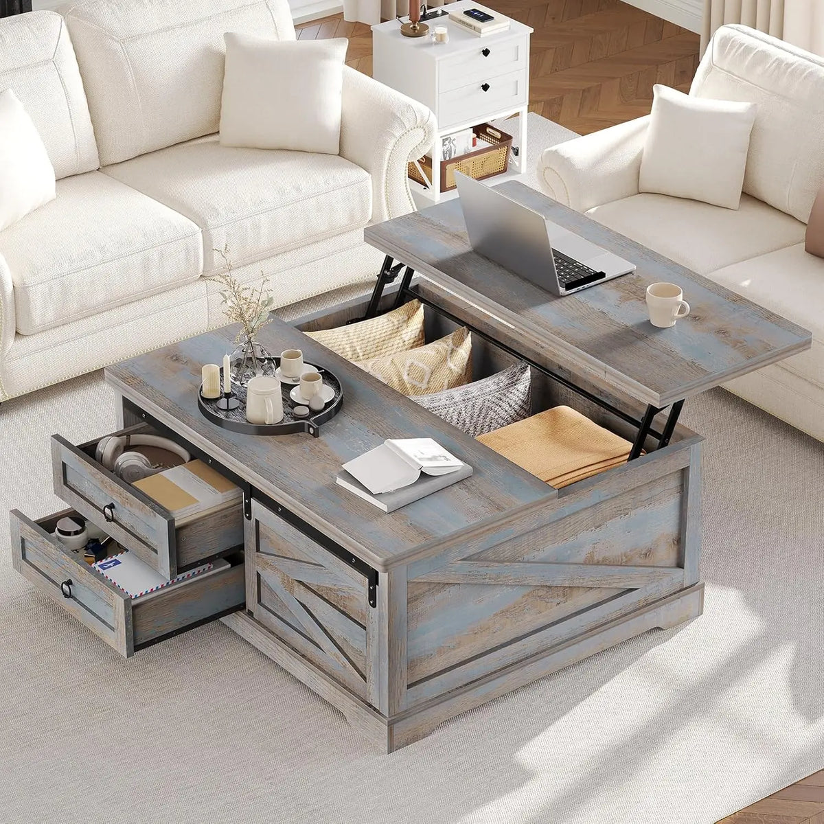 39.4in Lift Top Coffee Table Storage Hidden Compartment 2 Drawers Adjustable Shelf Living Room Gray Customized
