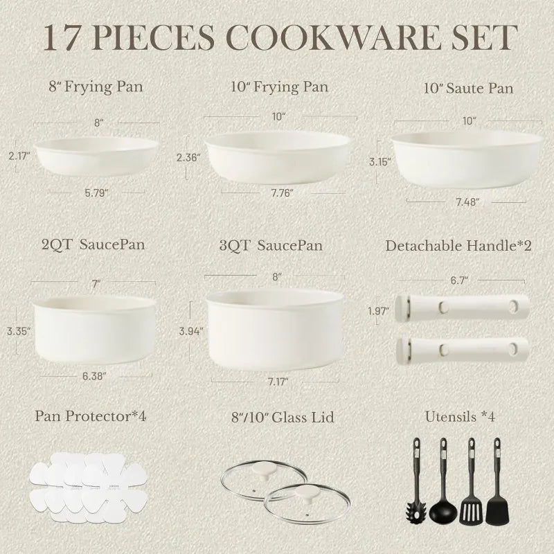 17pc Pots and Pans Set, Nonstick Cookware Set Detachable Handle, Induction Kitchen Cookware Sets Non Stick with Removable Handle