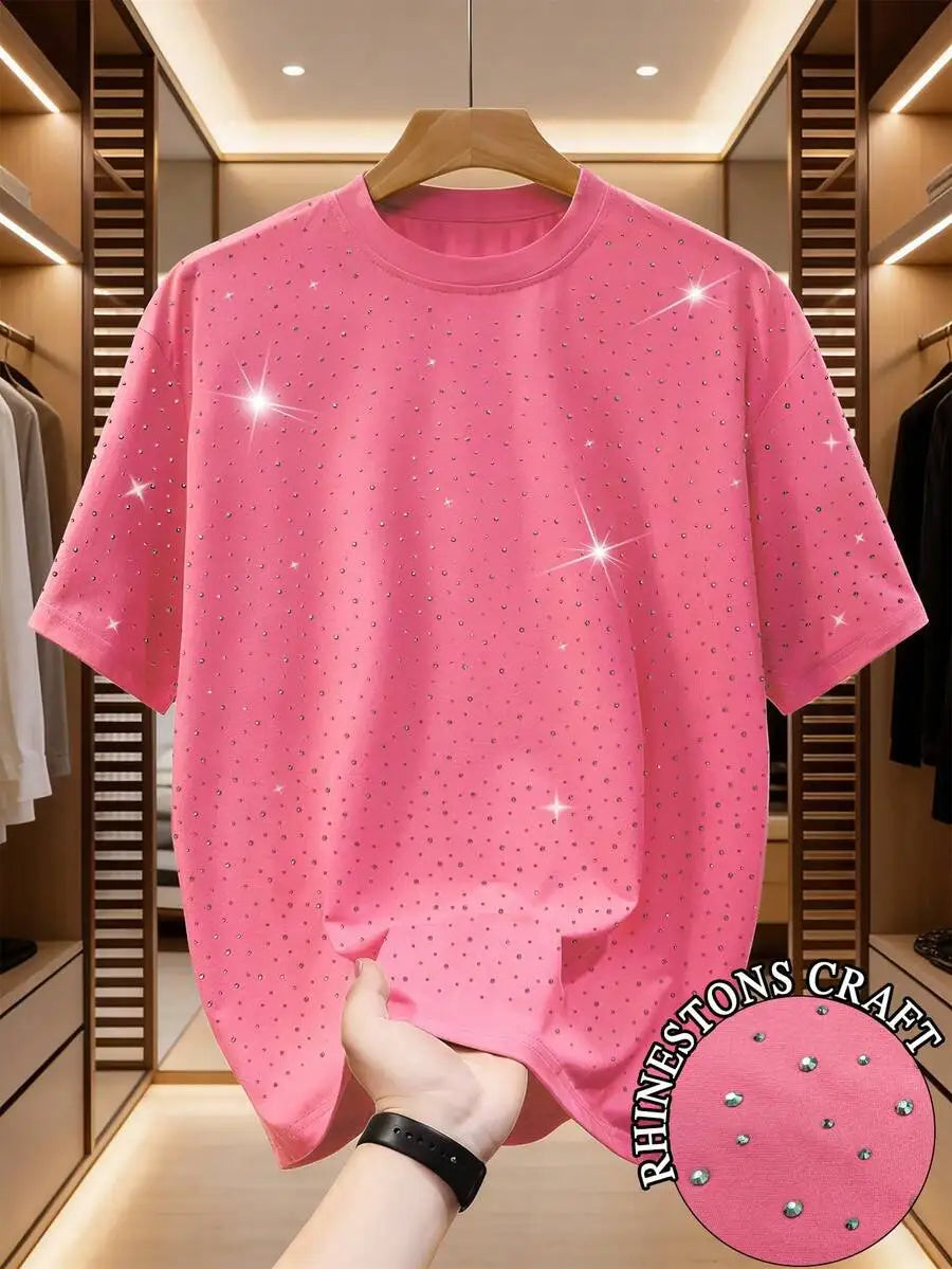 Men's Black Short Sleeve T-Shirt with Sparkling Rhinestone Dot Pattern, Casual Loose Fit