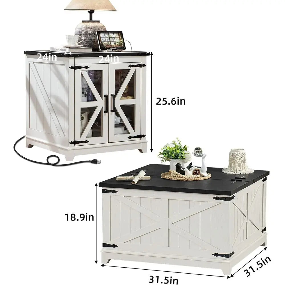 armhouse Coee Table Sets 3 Pieces, Large End Side Tables with Charging Station and Coee Table with Hidden Storage Comparent, Whi