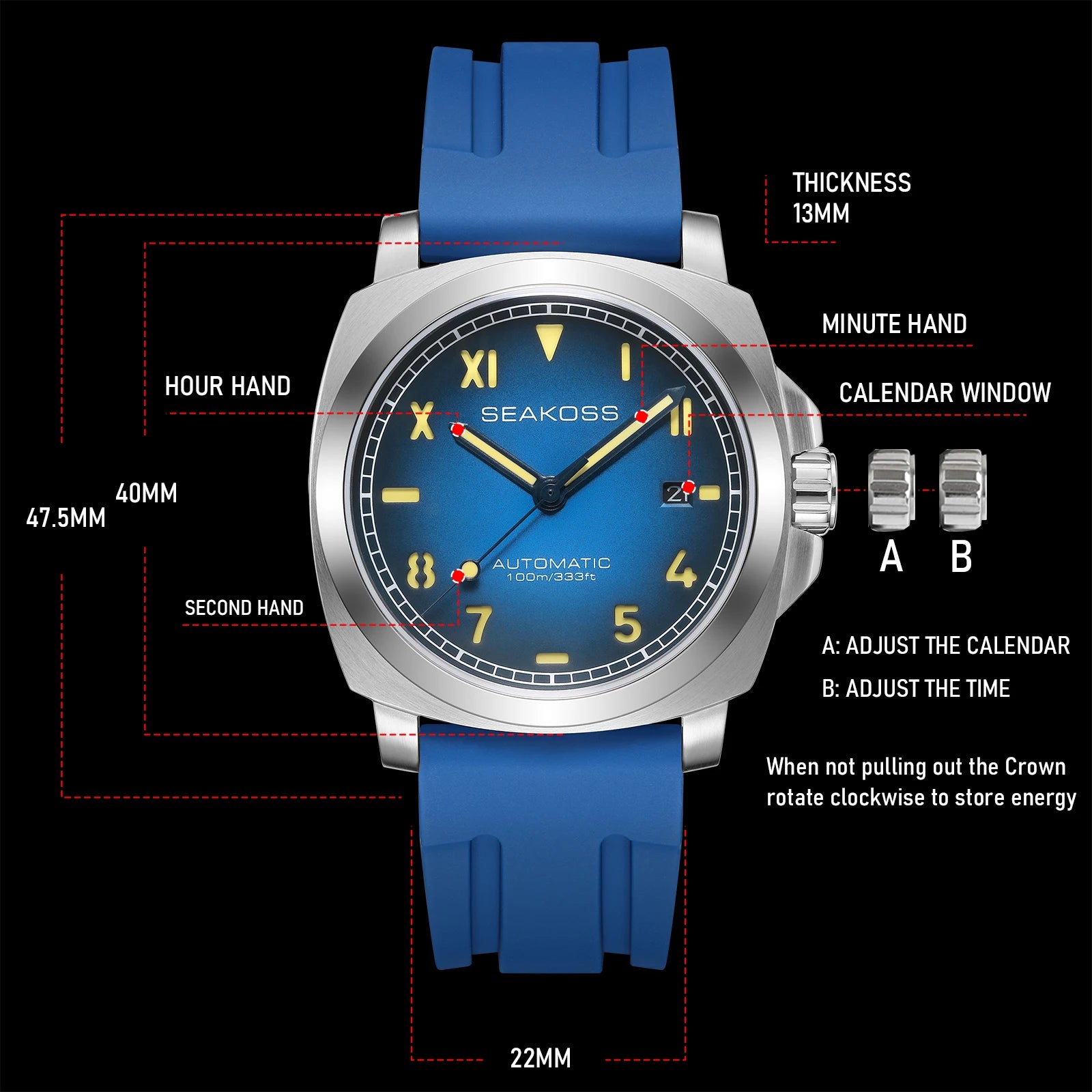 SEAKOSS Men's Diving Watch 10ATM Seagull ST1612 Movement Automatic  Watches for Men Luminous Calendar Sapphire Stainless Steel
