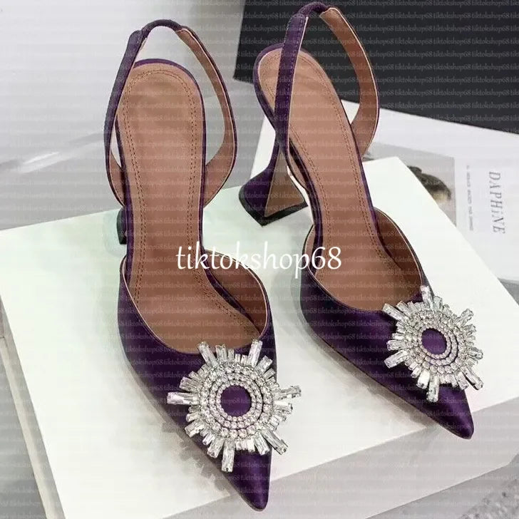 Amina muadii heels designer sandals womens wedding dress shoes satin pointed slingbacks bowtie pumps crystal sunflower flower hi