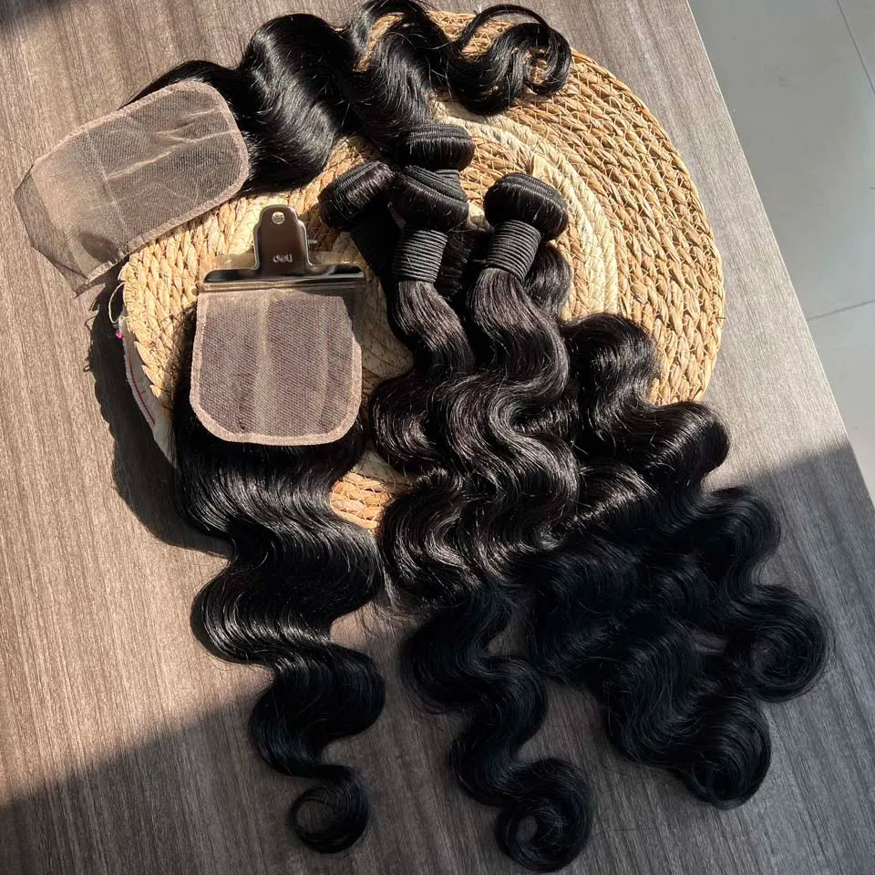 Body Wave Human Hair Bundles With 4x4 5x5 6x6 HD Closure Peruvian Hair Weave 3/4 Bundles With Lace Closure Body Wavy Human Hair