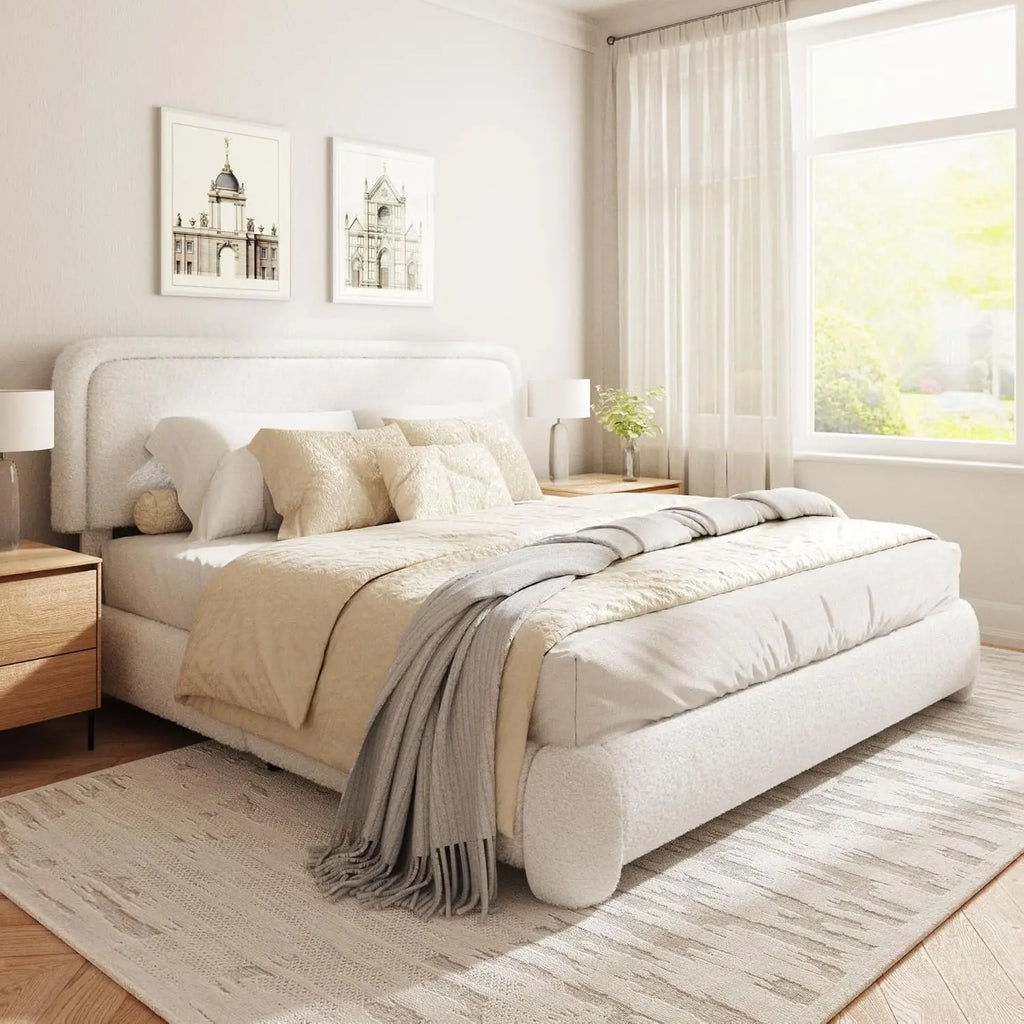 Upholstered Platform Bed Adjustable Headboard Rounded Corners Noise Free Easy Assembly White, Customized