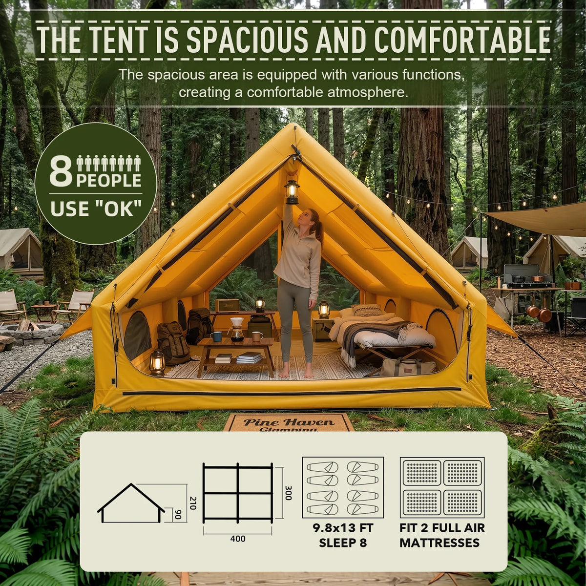 129 Sq Ft Inflatable Camping Tent Easy Setup Waterproof Oxford Air Tent House with Pump 4 Season Family Glamping Tent