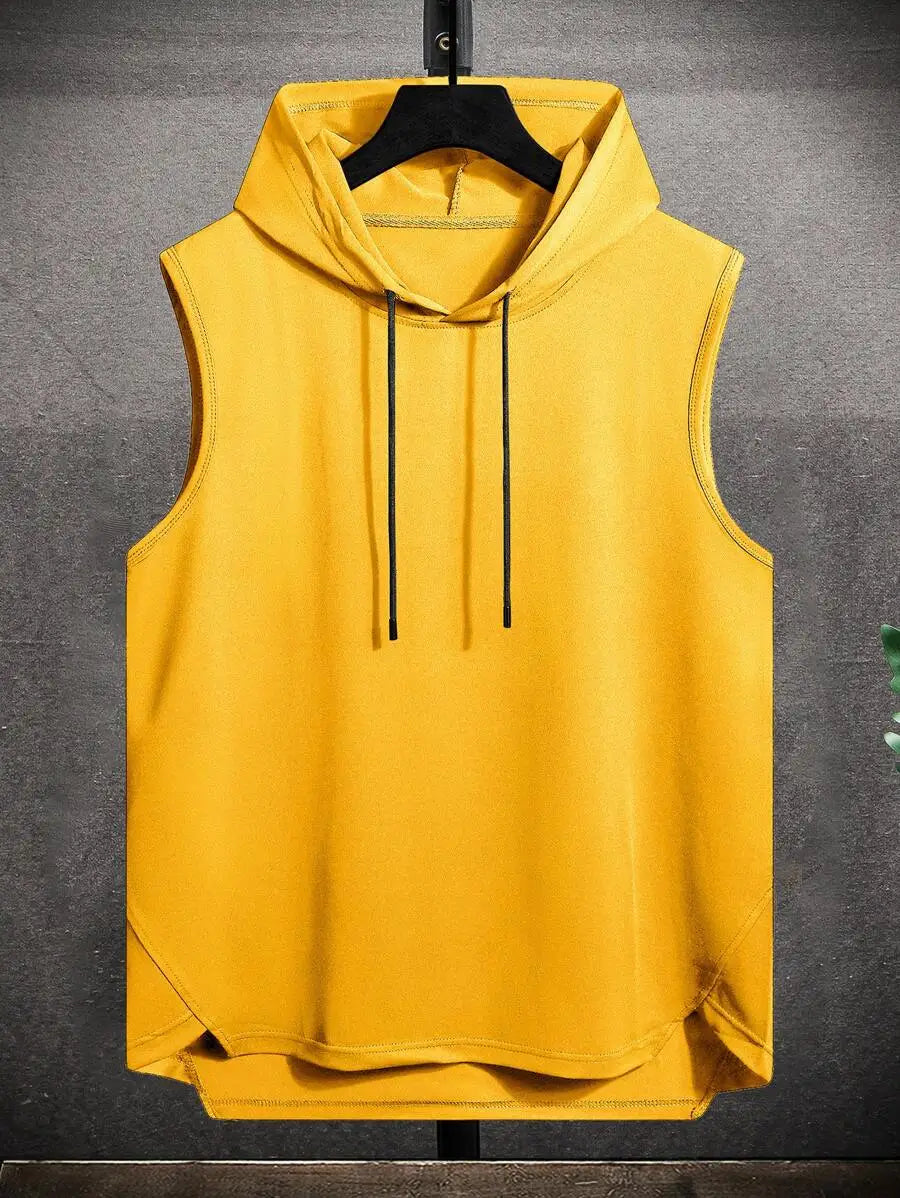 Men's Black Sleeveless Hooded Tank Top with Drawstring and High-Low Hem