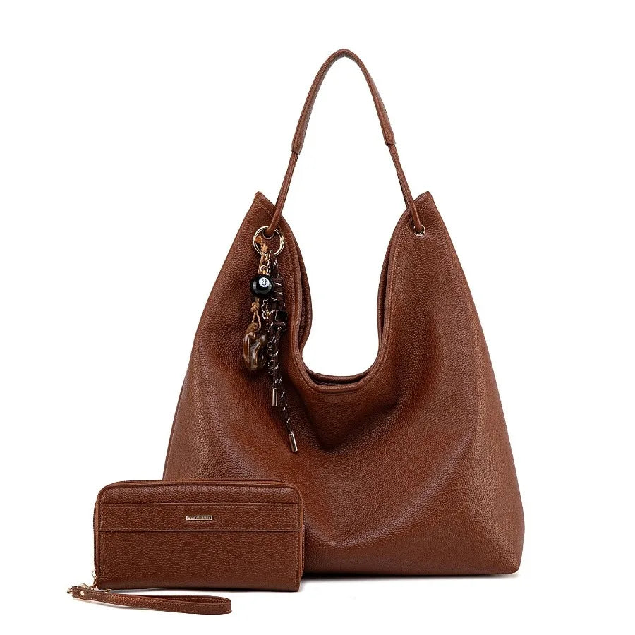 MKF Collection Eloa Hobo Bag with Wallet 2-piece Set in Black Vegan Leather with Gold Hardware for Everyday Use