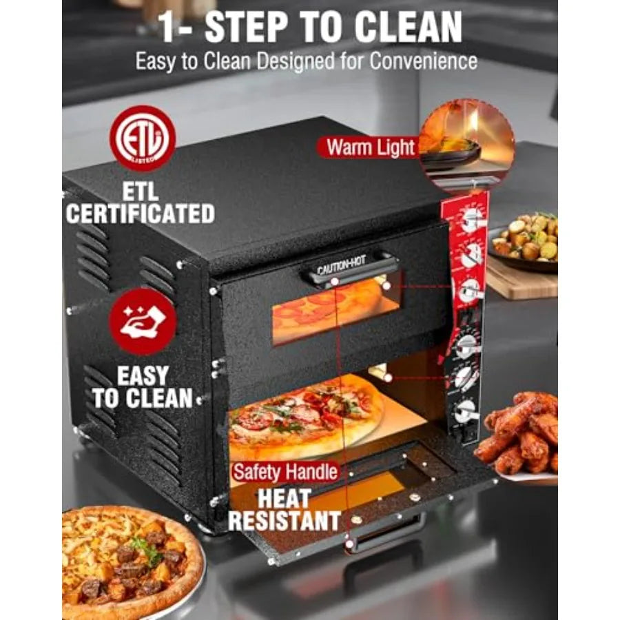 Indoor 16in Double Decker Electric Pizza Oven Countertop with Pizza Stone 60-Min Ring Timer 3200W ETL Listed Black for Home and