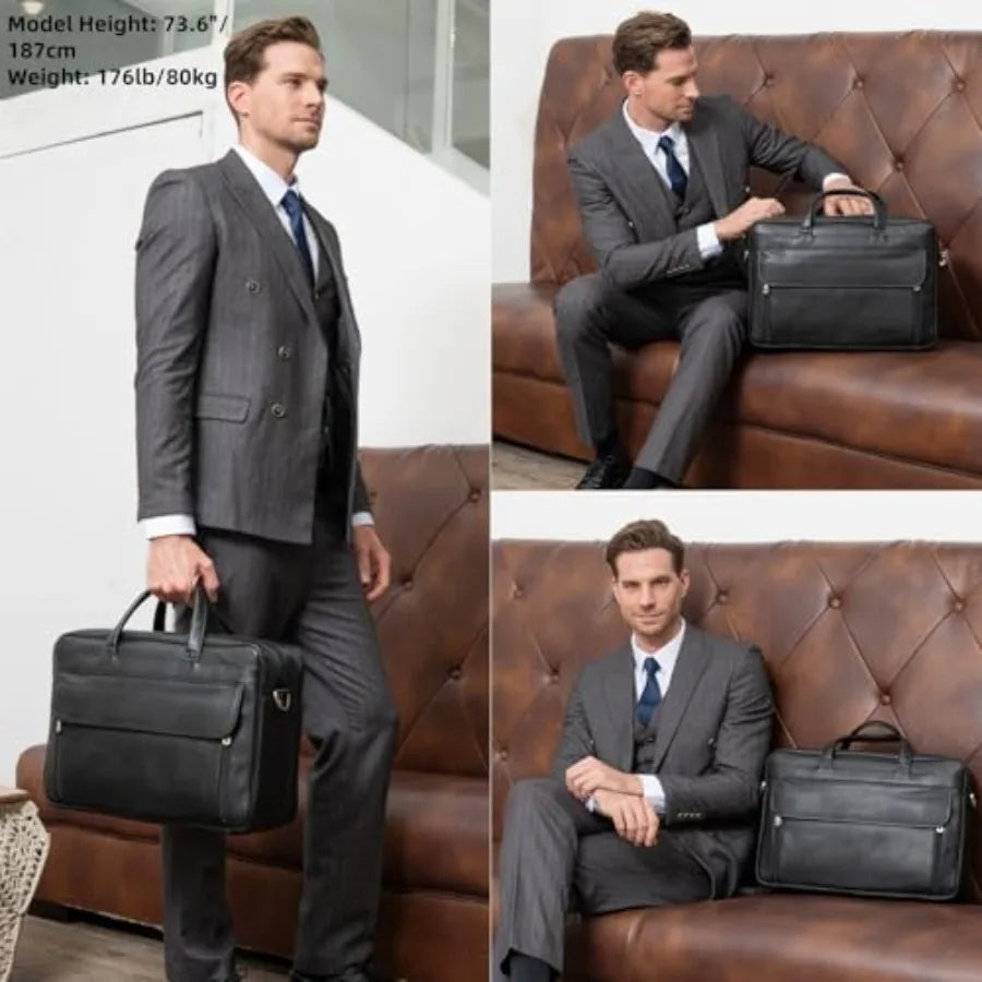 Masa Kawa Leather Briefcase for Men 15.6 17 Laptop Computer Case Business Travel Work Messenger Cross Body Shoulder Bag