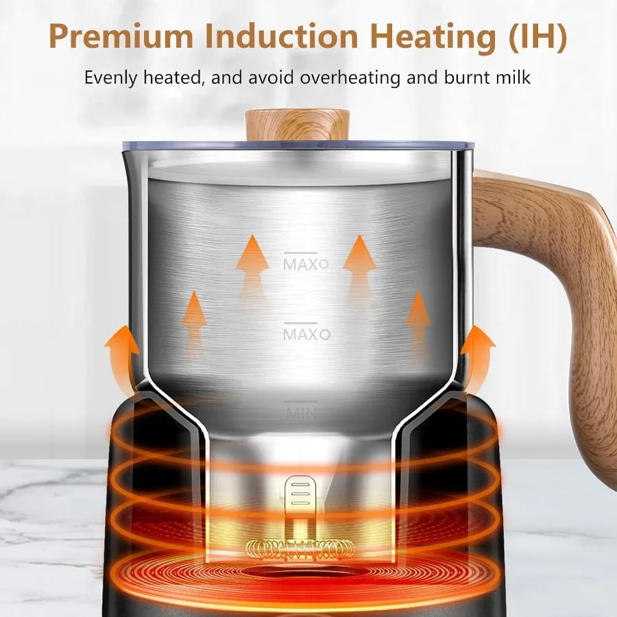 8-in-1 IH Induction Heating Milk Frother with 2 Cups 21oz 13.5oz Automatic Cold Foam Heated Milk Maker for Latte Cappuccino Hot
