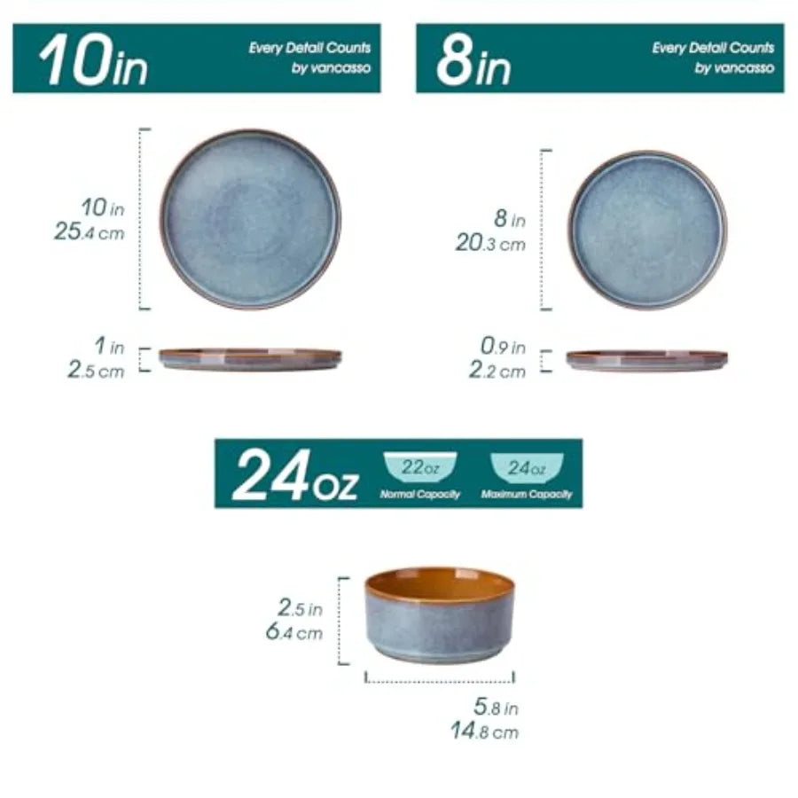 ONION Ceramic Plates and Bowls Sets 18 Pieces Blue Dinnerware for Kitchen Reactive Glaze Dishes Set for 6 Dishwasher and Microw