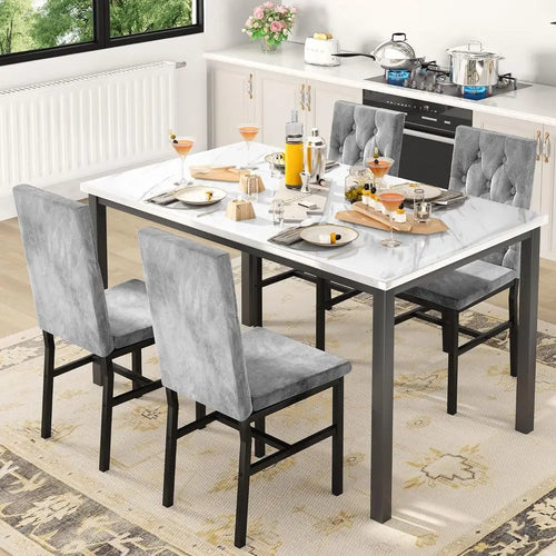 4-Piece Marble Top Dining Set with Elegant Button-Tufted Chairs