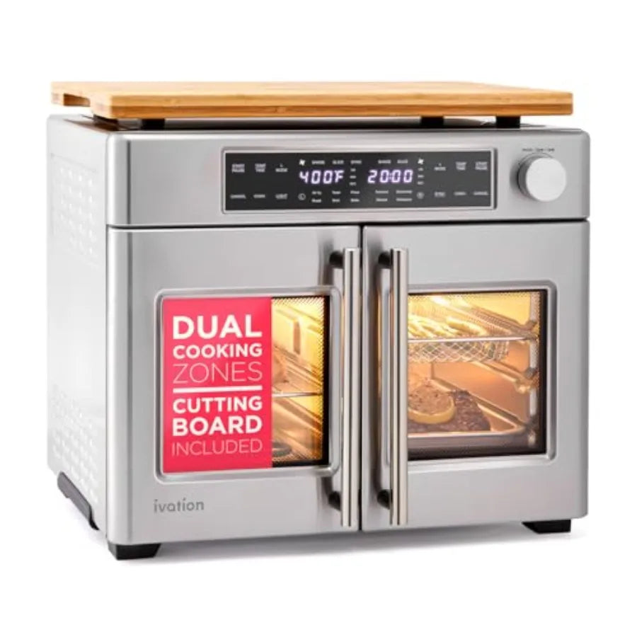 Dual Zone Air Fryer French Door Oven 32 Qt 10-in-1 Multifunction Convection Toaster Combo 1800W Stainless Steel Temperature Con