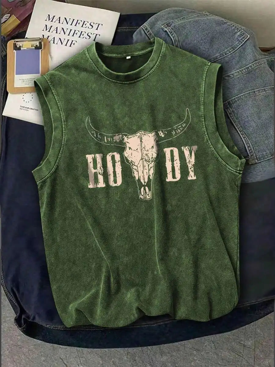 Men's Washed Vintage Sleeveless Tank Top with Distressed Bull Skull Graphic