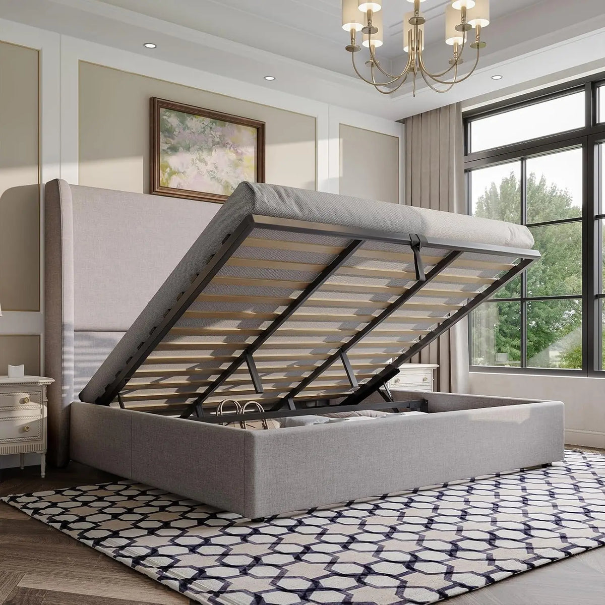 Lift Up Storage Bed King Upholstered Platform Frame Hydraulic Wingback Headboard No Box Spring Khaki, Customized