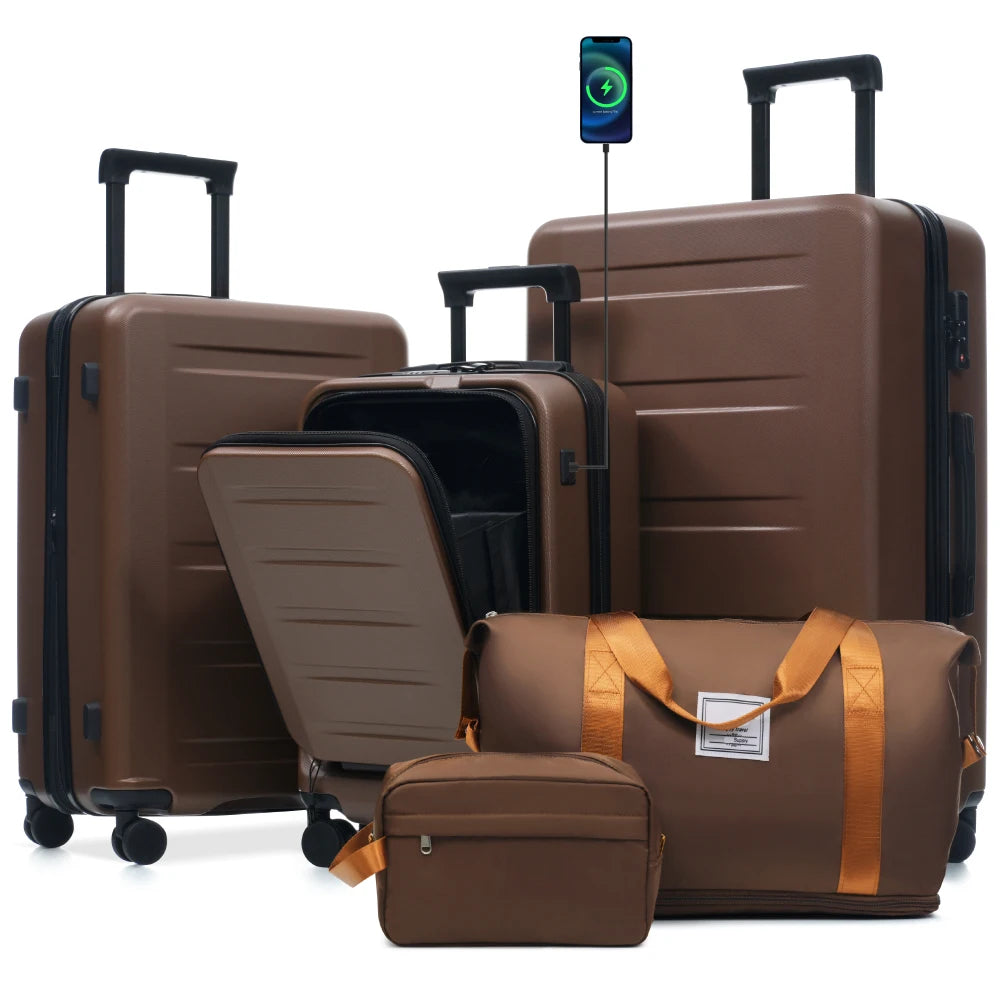 5Pcs Front Opening Hardside Expandable Luggage Set Double Spinner Wheels USB Port TSA Lock 20/24/28"