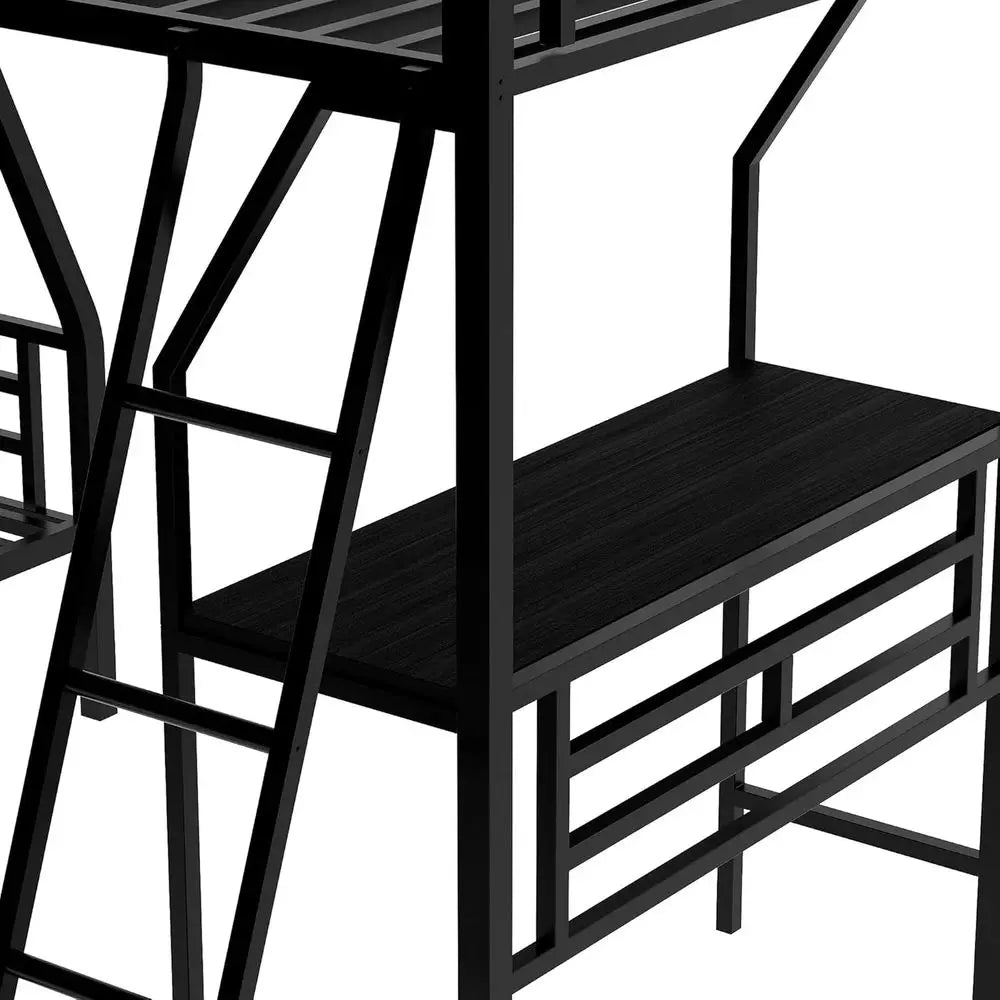 Black Triple Bunk Bed with Twin Over Full and Desk for Kids, Teens, Adults