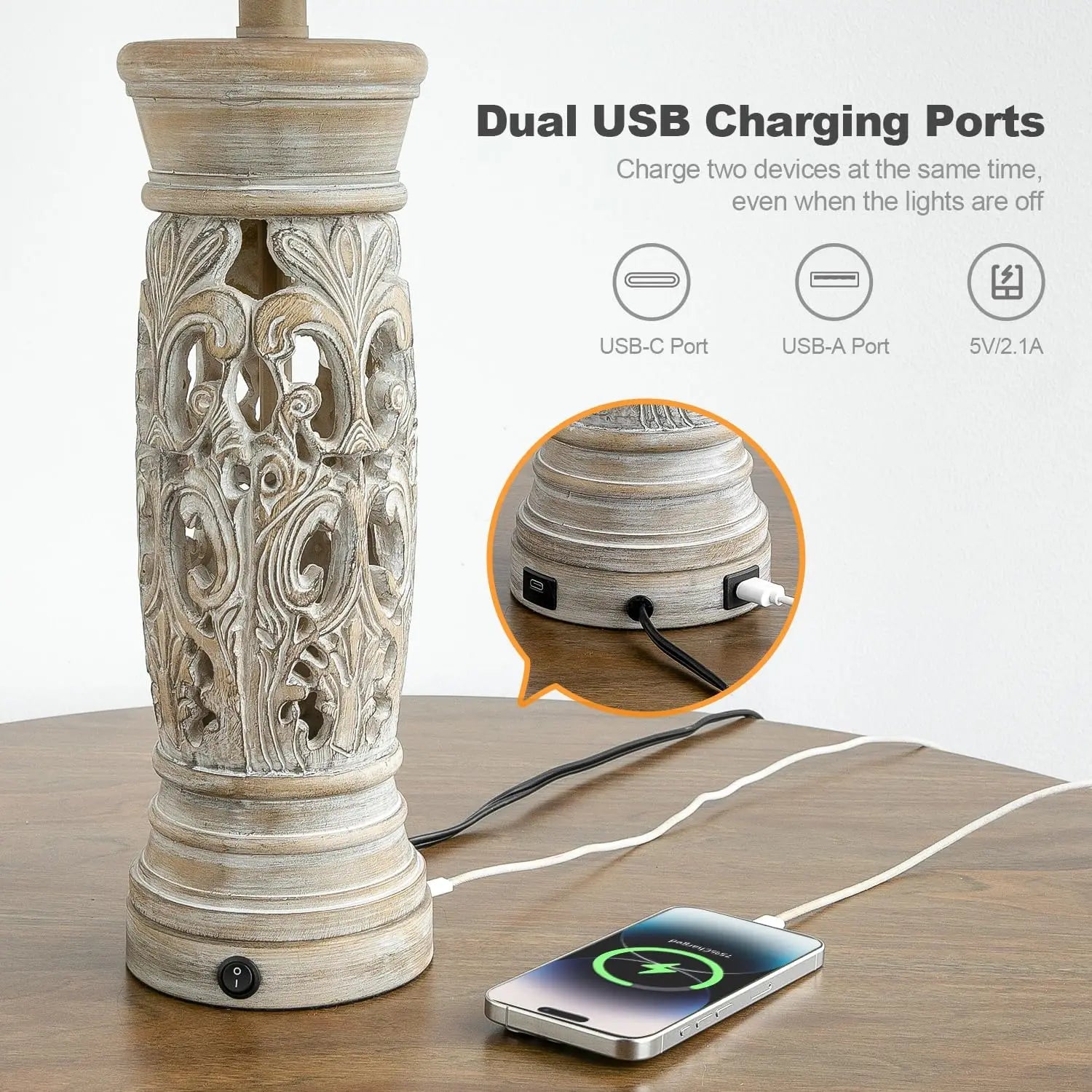 27.25" Rustic Farmhouse Table Lamps Set of 2 - Vintage Bedside Lamps with Night Light & USB Ports, Bulbs Included