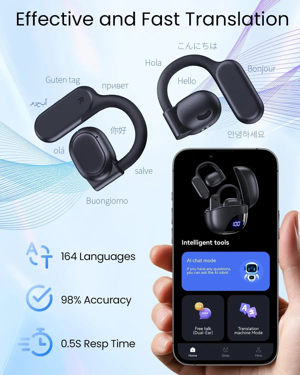 AI Translation Earbuds Real Time 164 Languages 80H Playtime Wireless Bluetooth for Travel Meeting Learning Black