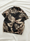 Men's Short Sleeve Woven Shirt with Tropical Leaf Print, Slim Fit, Casual Beach Style