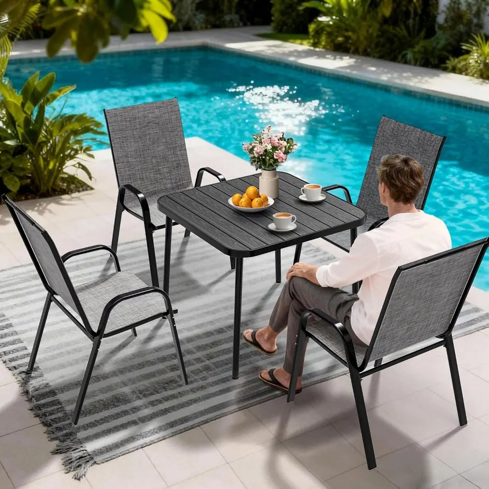 Outdoor Dining Sets or 4, Square Steel Slat Table with 4 Textilene Chairs, 5 Piece Patio Table and Chairs Set with Adjustable Um