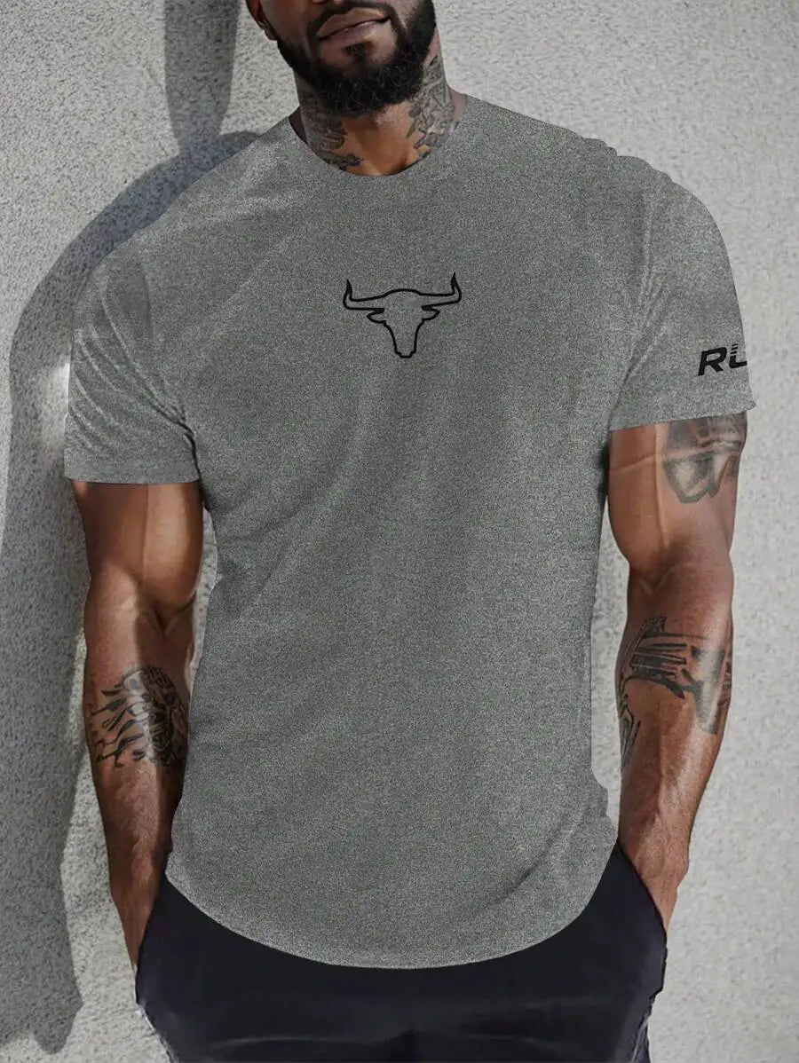 Men's White Crew Neck Short Sleeve T-Shirt with Bull Head Graphic Print, Breathable Fit for Gym & Casual Wear