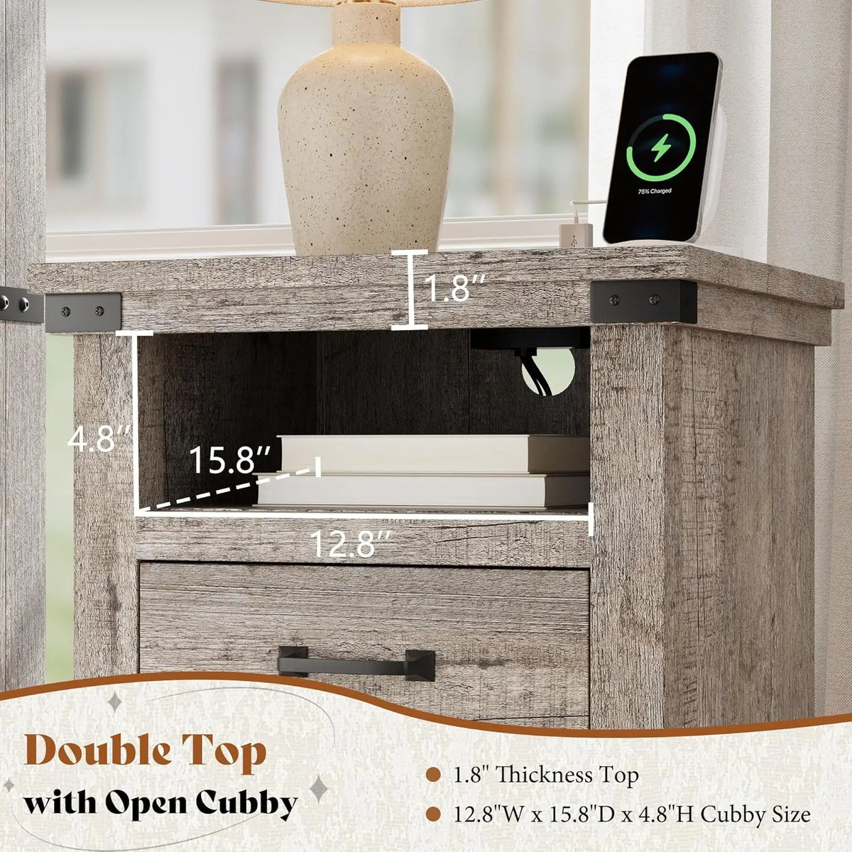 18" Wood Nightstand Set of 2 with Charging Station & 2 Drawers for Bedroom Living Room Light Grey, Customized