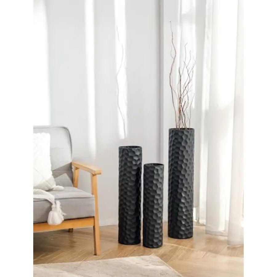 Tall Floor Vase: 27/23/20in Large Floor Vases Standing for Living Room - Hammered Metal Floor Vases Set of 3 - Cylinder Flower