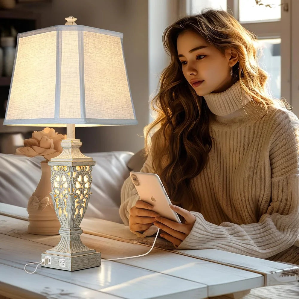 28.5" Table Lamps Set of 2 with Night Light, USB A+C Ports, White Linen Shade for Living Room Bedroom Office (Bulb Included)