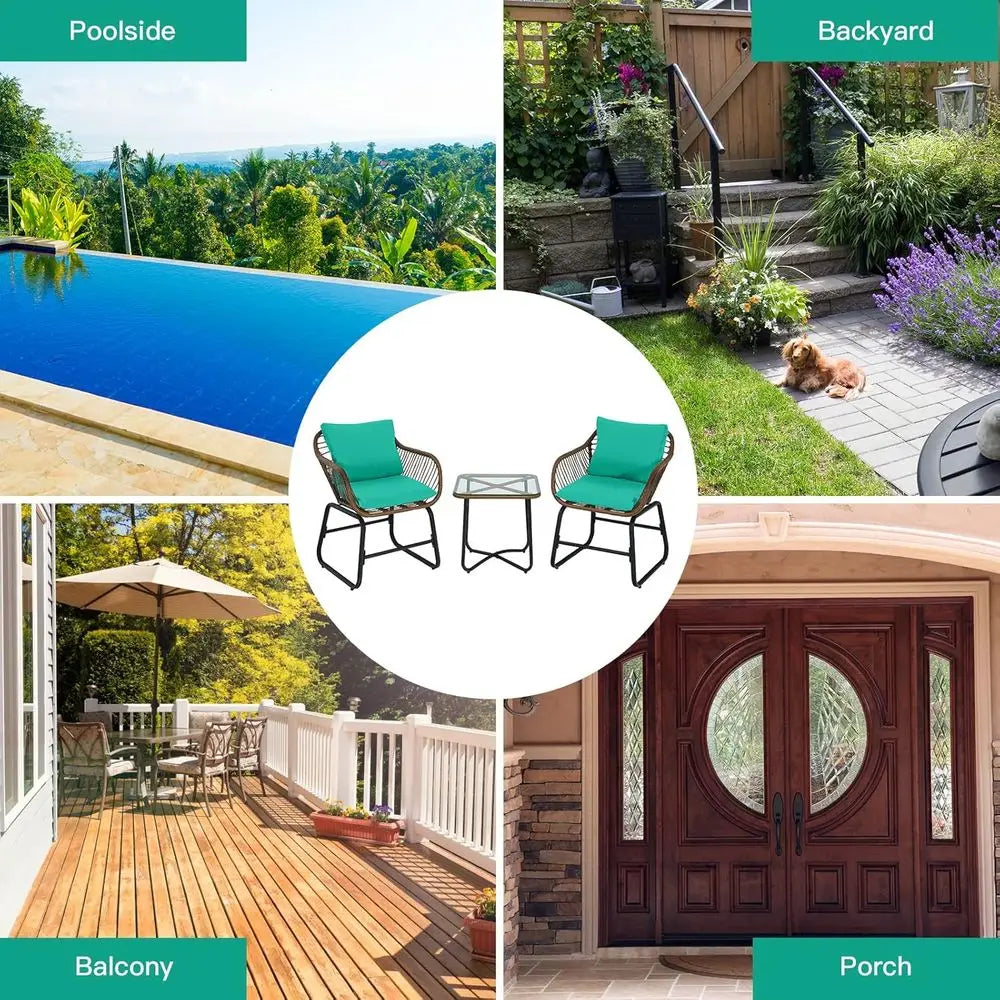 3-Piece Outdoor Cushioned Rattan Bistro Set with Glass Top Table in Turquoise