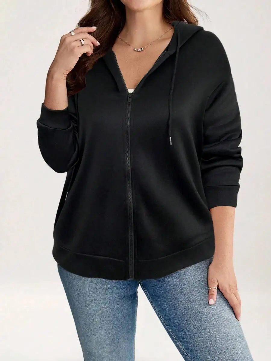 Gray Ribbed Drop Shoulder Zip-Up Hoodie with Drawstring for Spring Fall Casual Wear