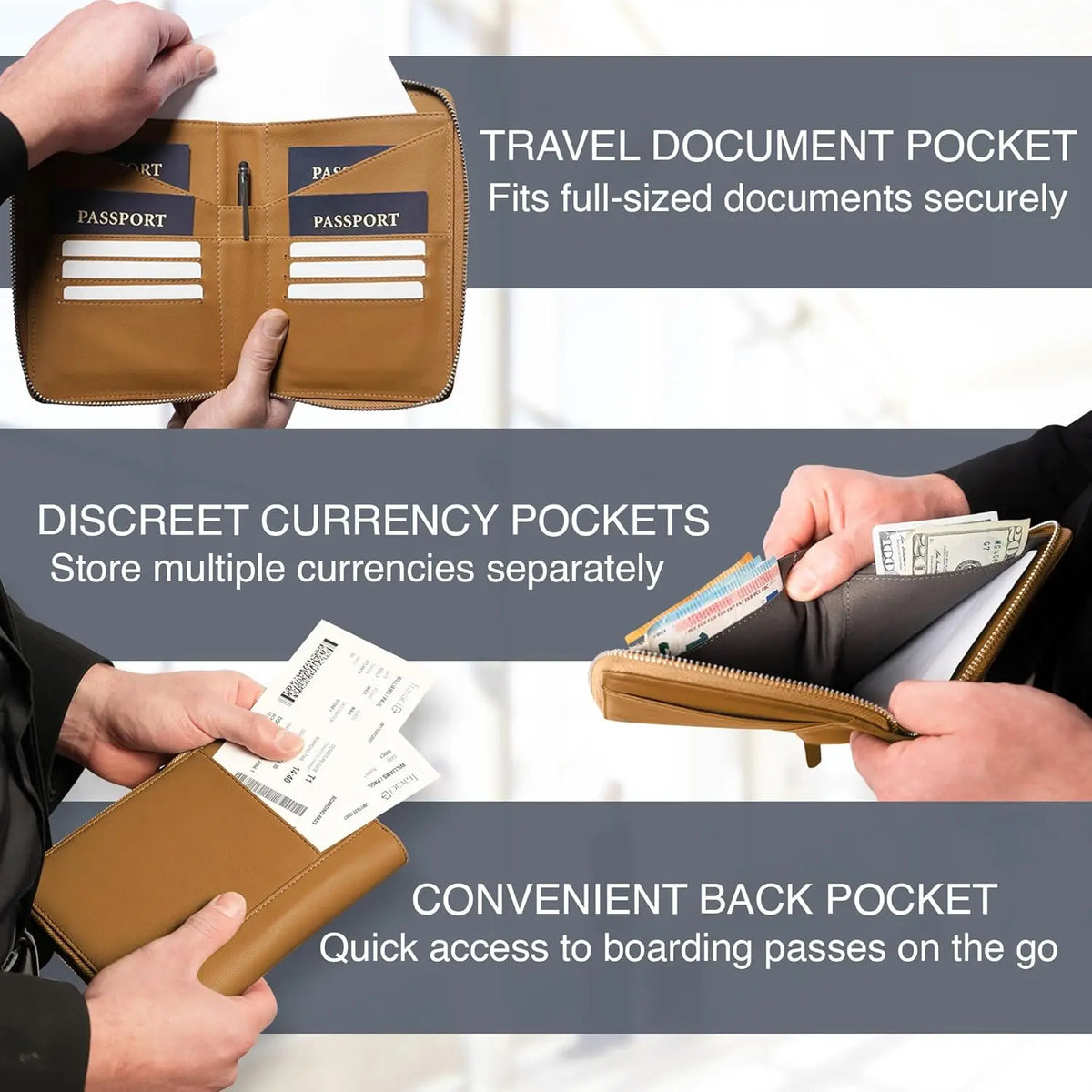 Full Grain Leather Passport Holder for 4, RFID Blocking Travel Organizer - Family Wallet in Camel