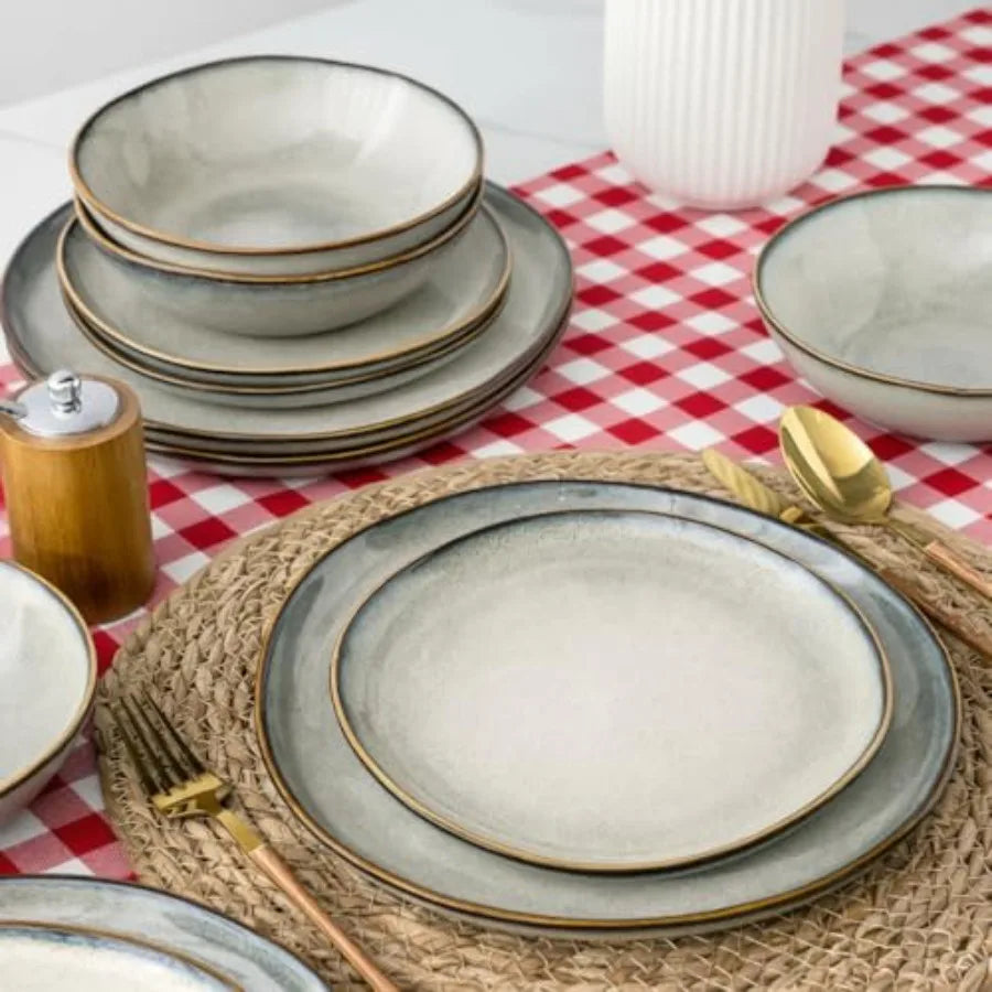 Ceramic Dinnerware Sets Handmade Reactive Glaze Stoneware Plates and Bowls for Dining Service for 8 24pc Dishwasher Microwave S