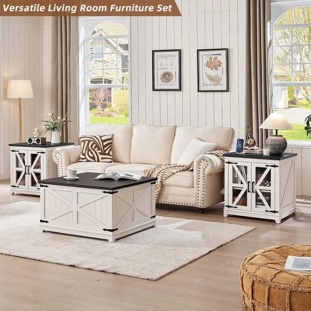 armhouse Coee Table Sets 3 Pieces, Large End Side Tables with Charging Station and Coee Table with Hidden Storage Comparent, Whi