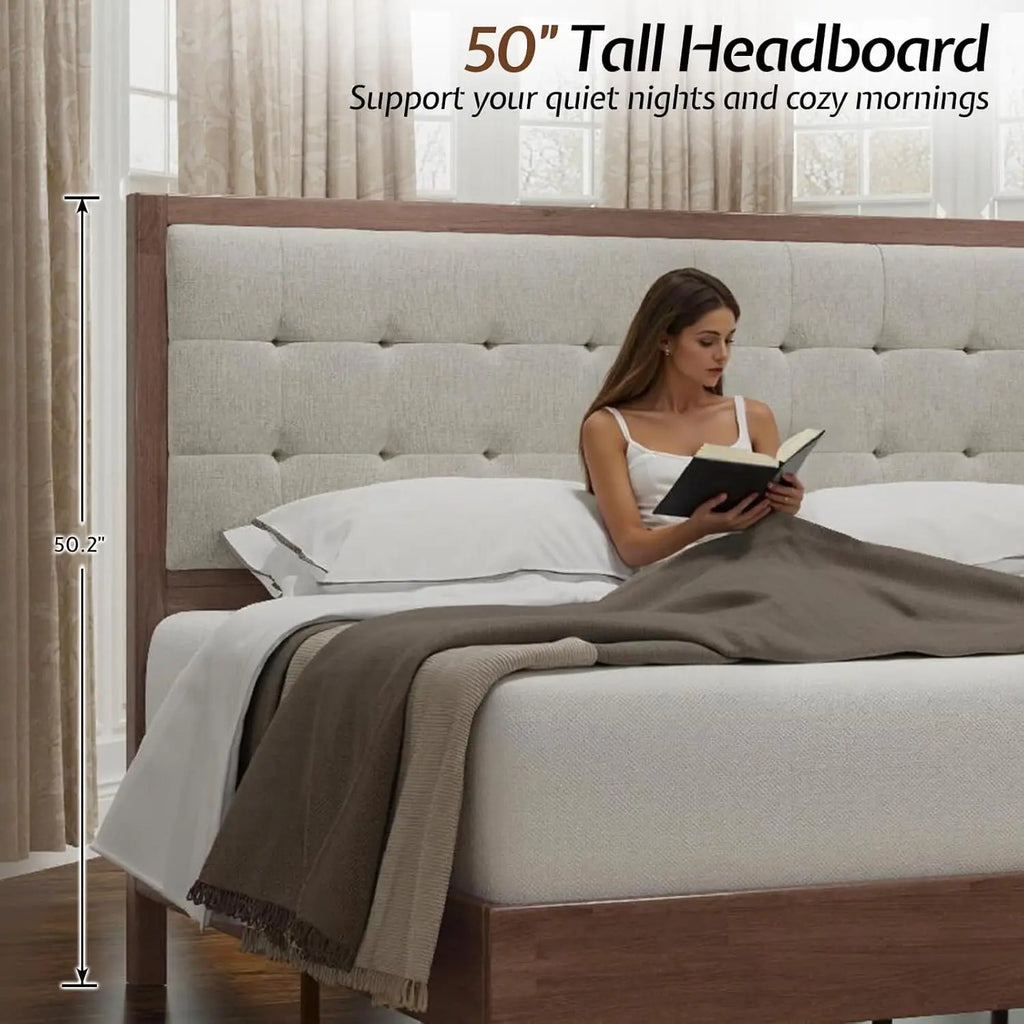 Solid Wood Queen Size Bed Frame 50.2" Tall Upholstered Headboard, No Box Spring Needed, Walnut, Customized
