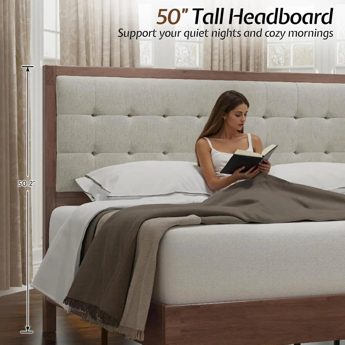 Solid Wood Queen Size Bed Frame 50.2" Tall Upholstered Headboard, No Box Spring Needed, Walnut, Customized