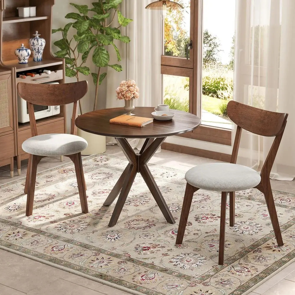MidCentury Modern Round Dining Table Set for 2, Wooden Kitchen Table amp 2 Chairs with Cushioned Seats, Compact 3Piece Dining Se