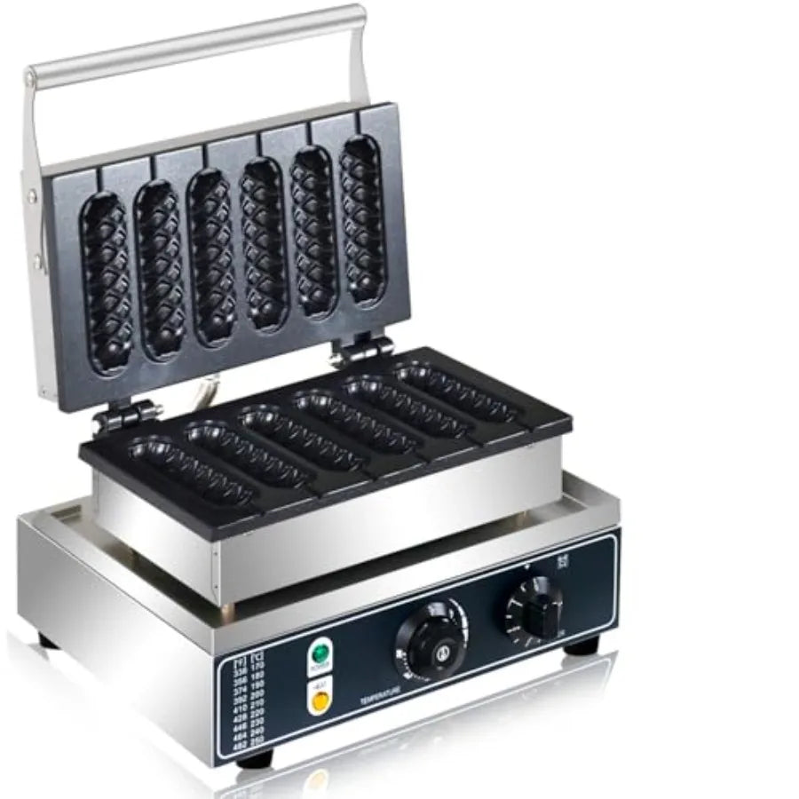 Commercial 1600W Corn Dog Waffle Maker 6-Slice Non-Stick Stainless Steel Hot Dog Waffle Iron with Temperature and Time Control