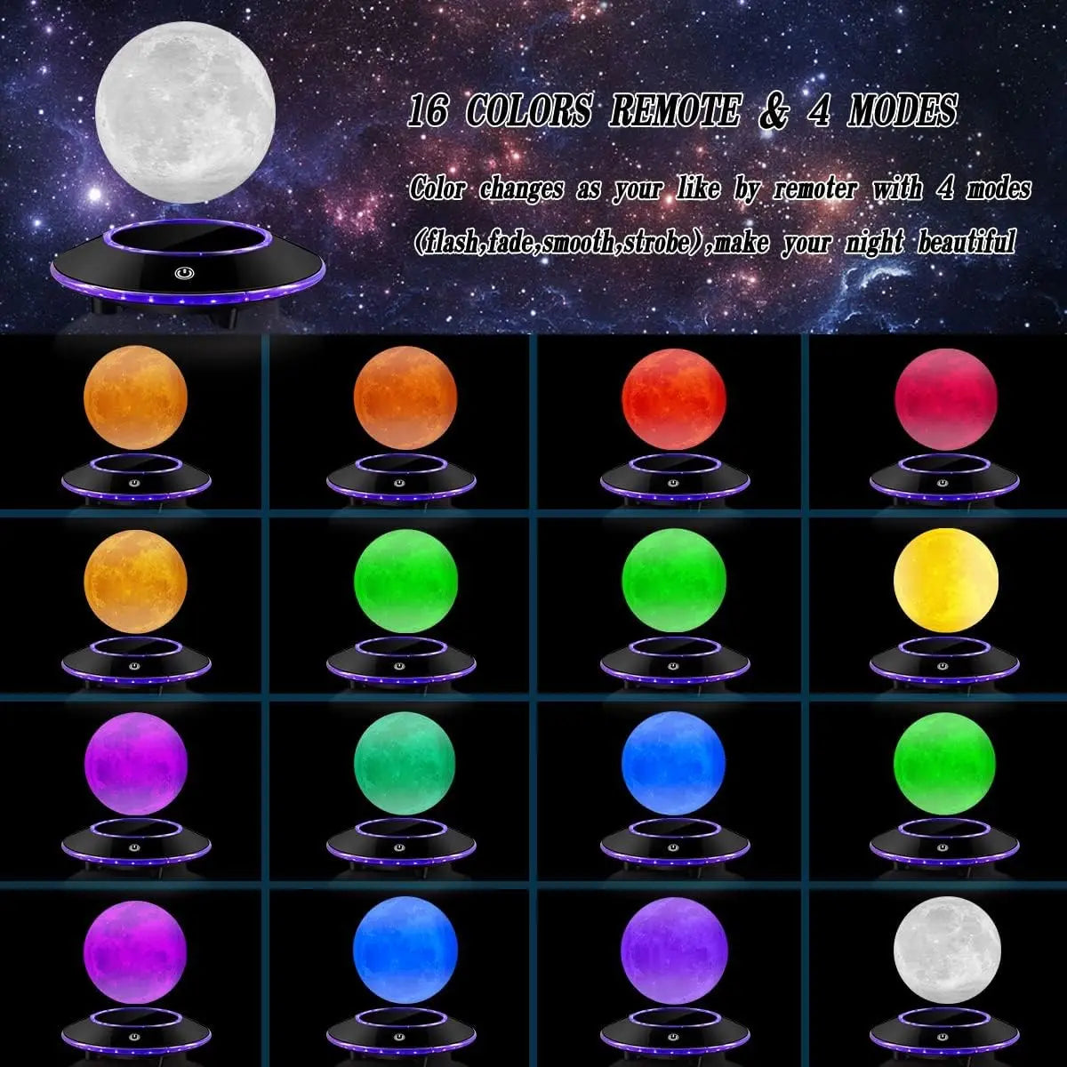 Floating Moon Lamp with 16 Color LED Lights, Spins in Air for Home Office Decor and Unique Gifts
