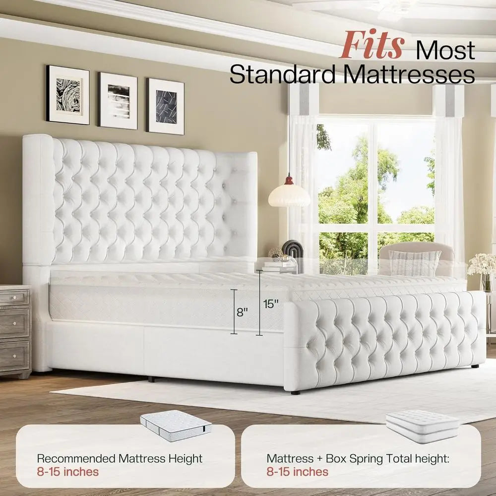 Queen Size Platform Bed with 6.3 Thick Upholstered Wingback Headboard, Deep Button Tufting, Easy Assembly, No Box Spring Needed,