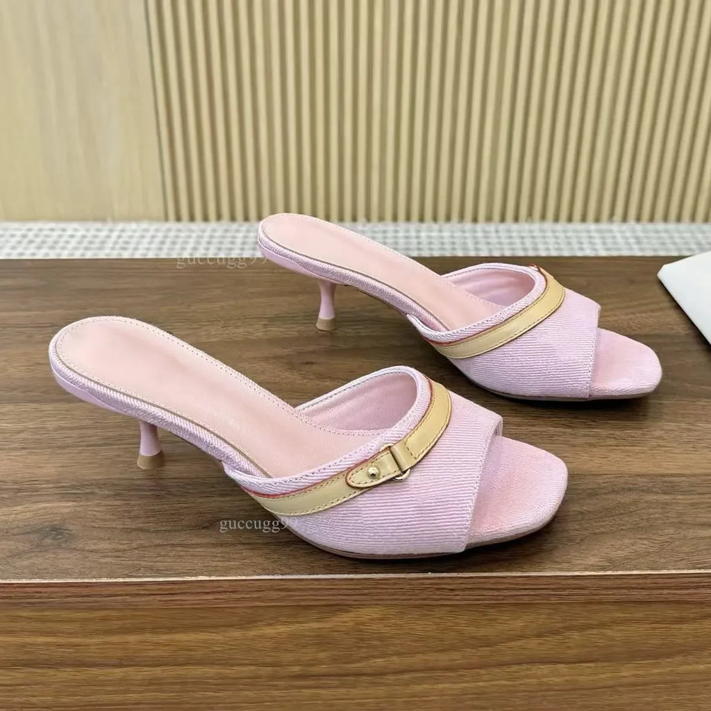 designer womens pink denim 3cm 6cm mules Signature Leather outsole models stiletto heel feminine style casual mule sandals