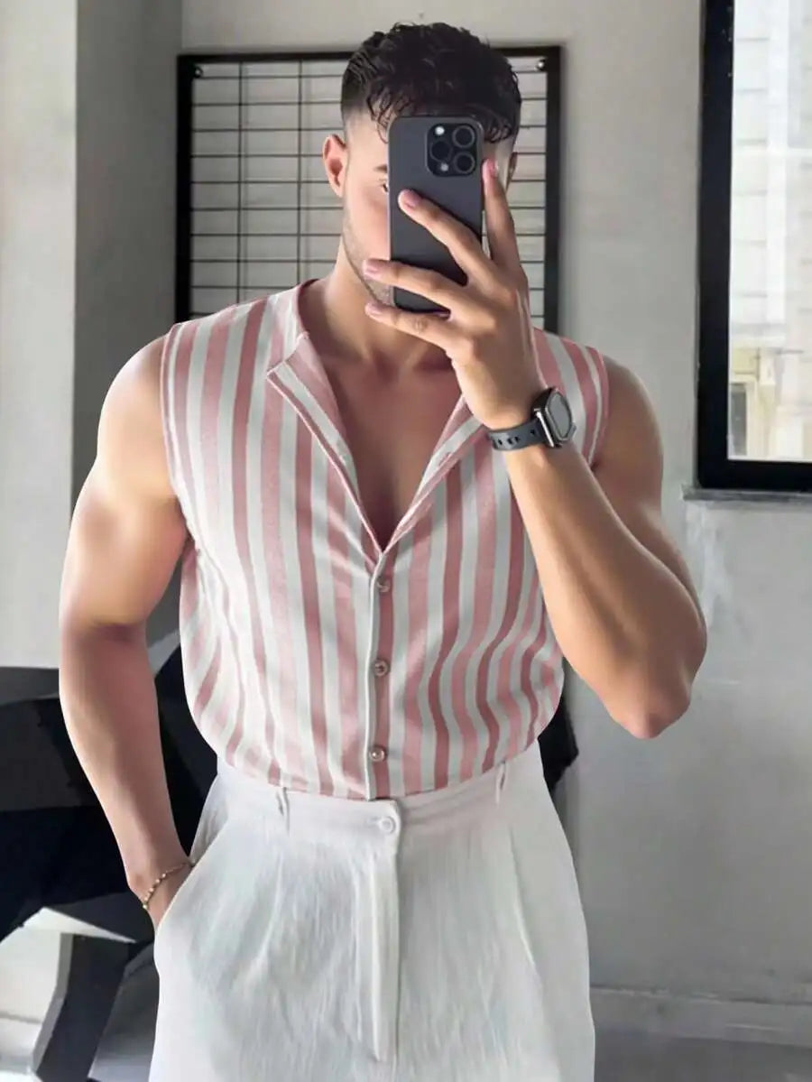 Men's Sleeveless Striped Knit Vest Top - Casual Summer Wear