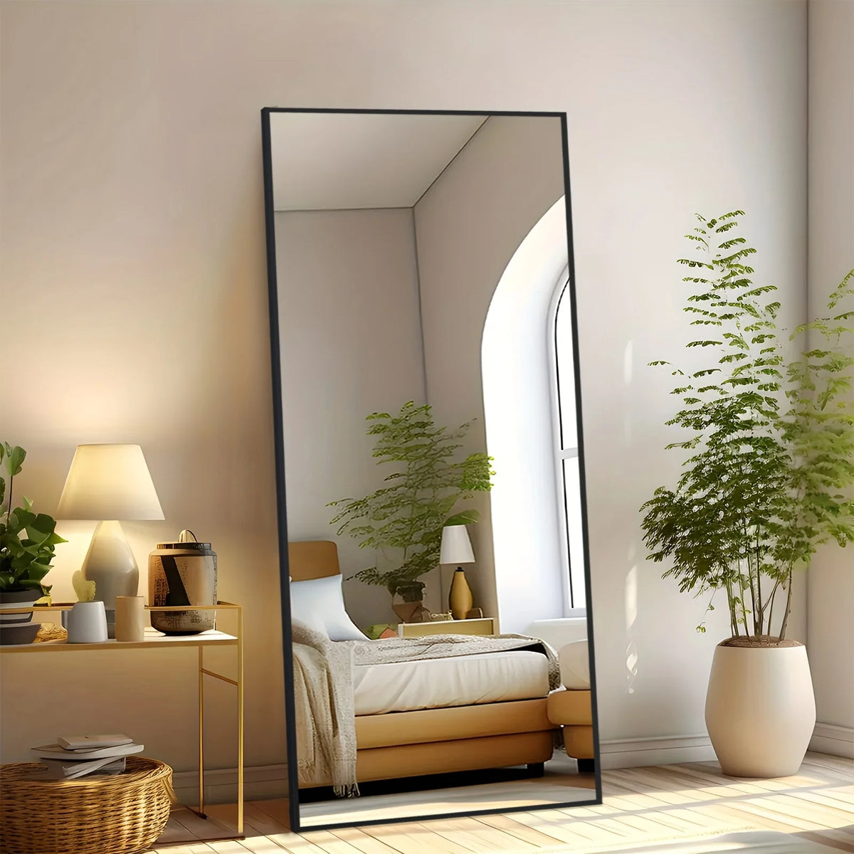 Arched/Rect Full Length Mirror, Full Body Mirror With Stand, Hanging Or Leaning For Wall, Aluminum Alloy Thin Frame Floor Standi