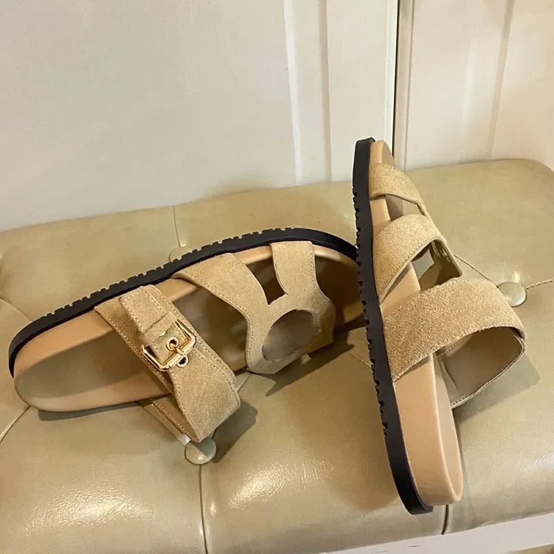 Ladies Velvety Suede Baby Goat Leather Sandals Designer Isola Line sandals Adjustable Buckle Strap Rubber Outsole Size 35 42