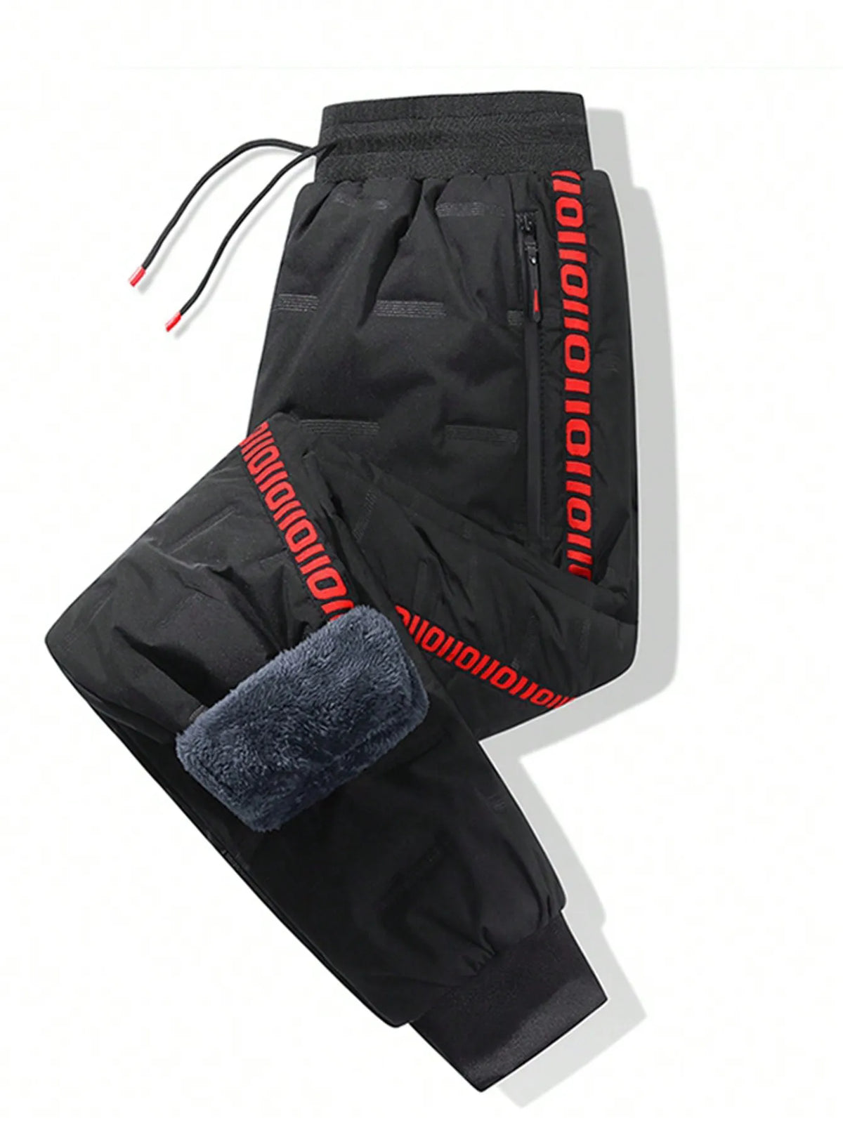 Men's Black Thermal Lined Drawstring Pants with Red Graphic Print