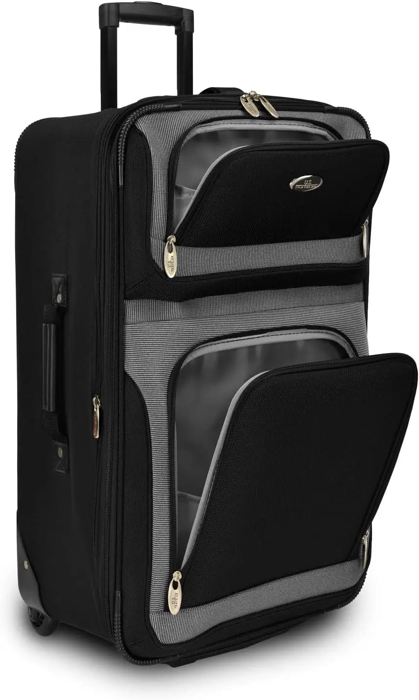 Lightweight Expandable Rolling Luggage Set, Black, 4-Piece with Durable Fabric and Smooth Wheels