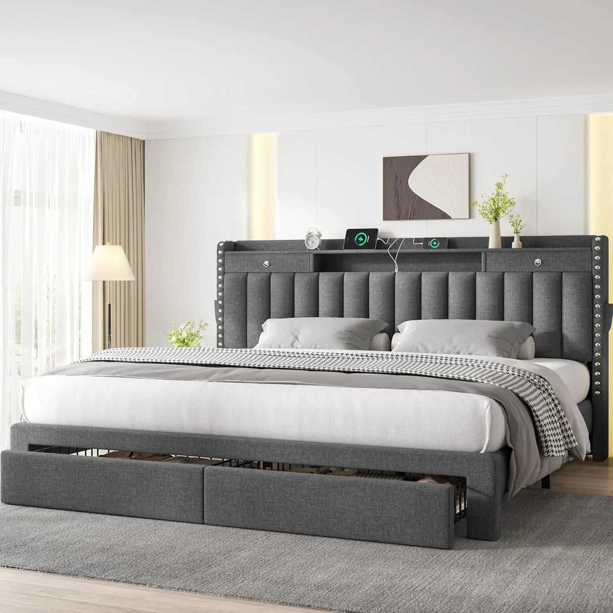 King Size Bed Frame with 4 Storage Drawers, Upholstered Platform King Bed Frame and Headboard, 3 USB & Type-C, Customized