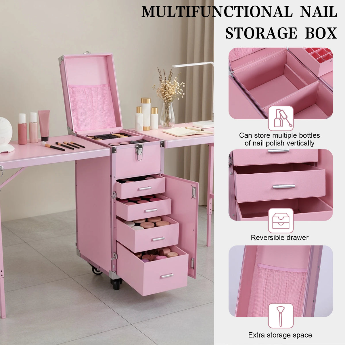 Foldable Rolling Manicure Table with Wheel & Drawers Rolling Nail Technician Workstation Large Capacity for Nails Tech & Salon
