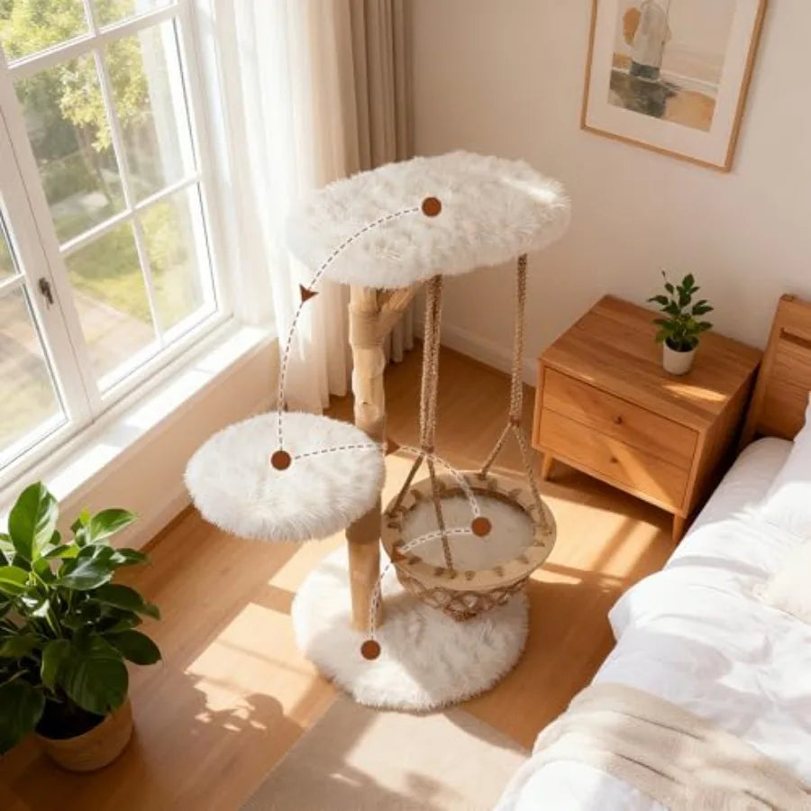 48.5 Inches Wood Cat Tree Multi-Level White Modern Cat Tree with Hanging Basket Solid Natural Peer Wood Post Wrapped with Jute